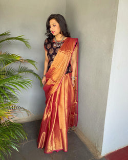 EE-V10824 Red Tissue Cotton Sari