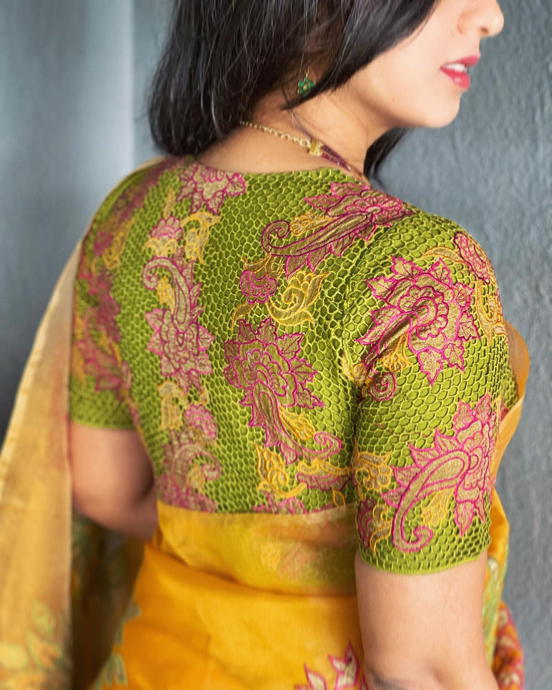 EE-V01364 Yellow Organza Sari