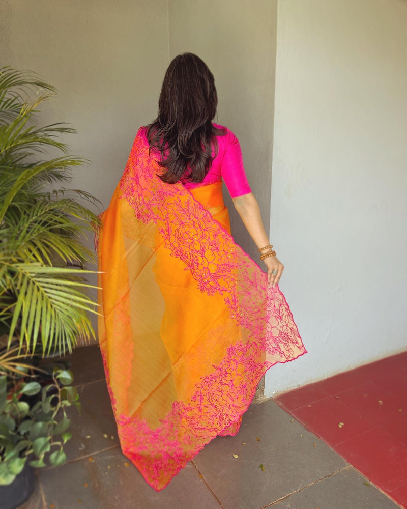 EE-V18225 Orange Organza Sari