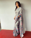 EE-V03663 Grey Kantha Tussar Sari