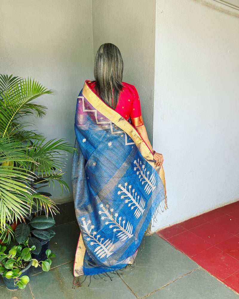 EE-V12733 Blue Tissue Linen Saree