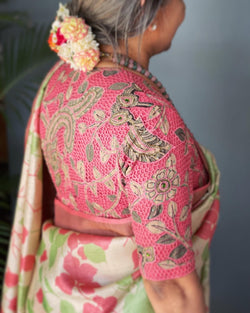 【akiki】TULLE FLOWER BLOUSE Pink & Multi Pure Silk Blouse | Sakhi Fashions – sakhifashions