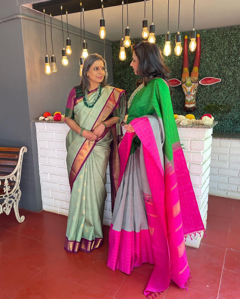 Kanchipuram Silk Tissue Jaal Yellow Saree With Ganga Jamuna Border |  Kankatala