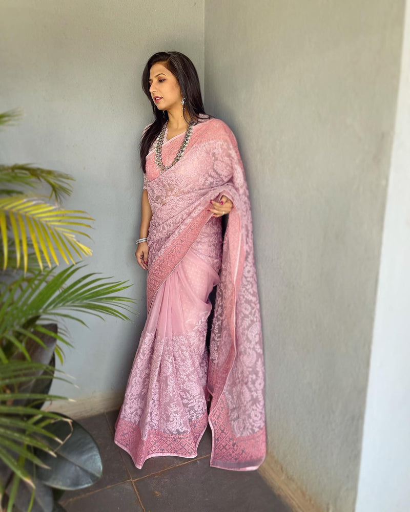 EE-V18695 Pink Organza Saree – sakhifashions