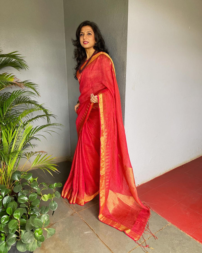 EE-V12732 Red Tissue Linen Saree