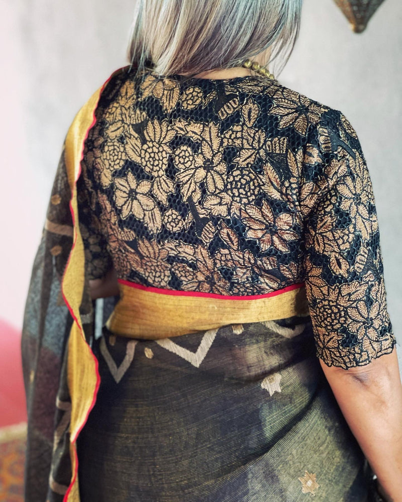 EE-V12734 Black Tissue Linen Saree