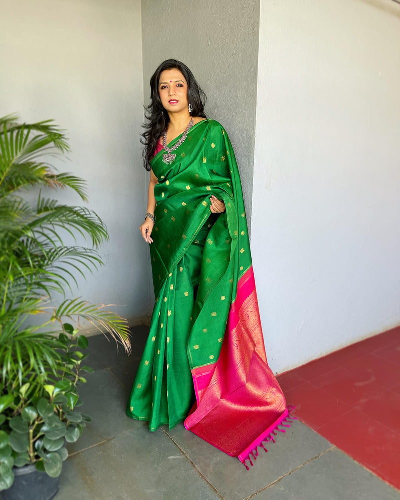 Pista Green Kanchi Silk Saree Highlighted by Thread Buttas All Over Its Body, Complemented by a Contrast Temple Border, Grandly Woven Pallu of Intricate Design Weave, and Paired with a Contrast Blouse main image 0