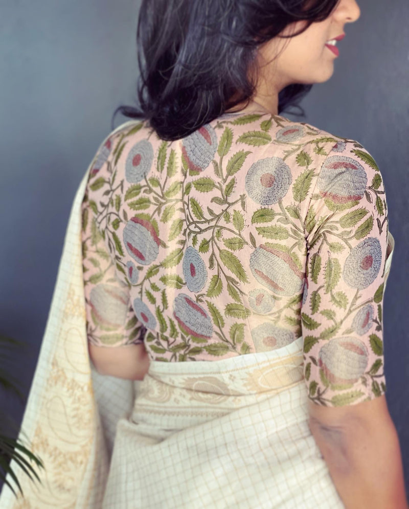 Deep pink handloom cotton silk gold block printed close neck blouse