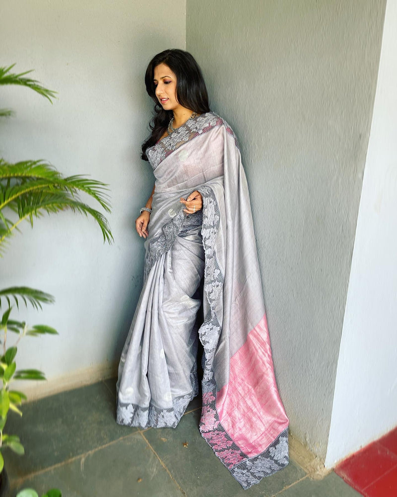 Ash Grey Banarasi Silk Saree with Gold and Silver Zari Weaves