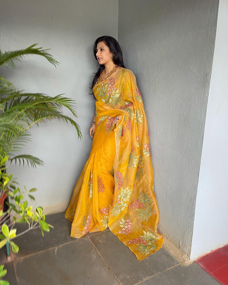 EE-V01364 Yellow Organza Sari