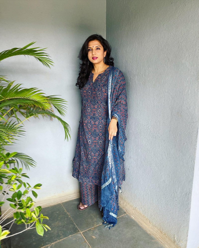EE-V03255 Ajrak Blue Salwar