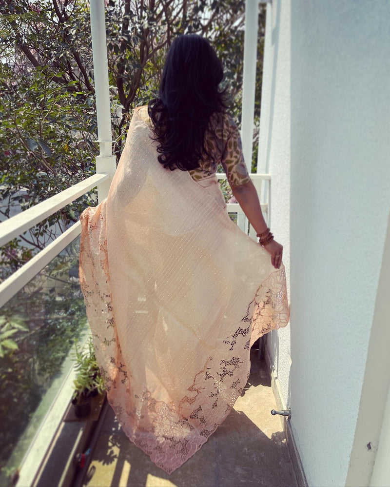 EE-V20765 Peach Cutwork Tussar Sari