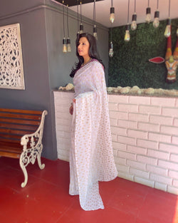 EE-V14762 White Gold Pleat Sari