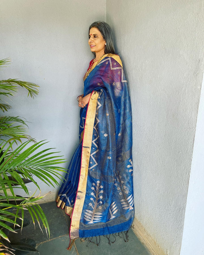 EE-V12733 Blue Tissue Linen Saree