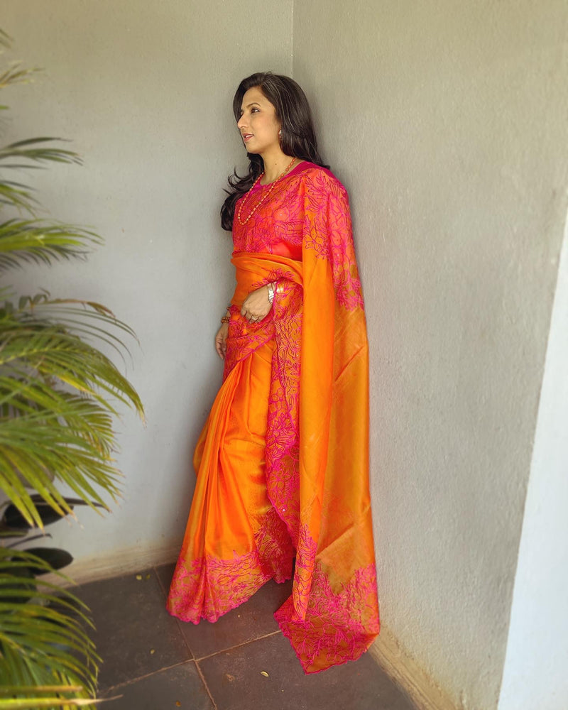 EE-V18225 Orange Organza Sari