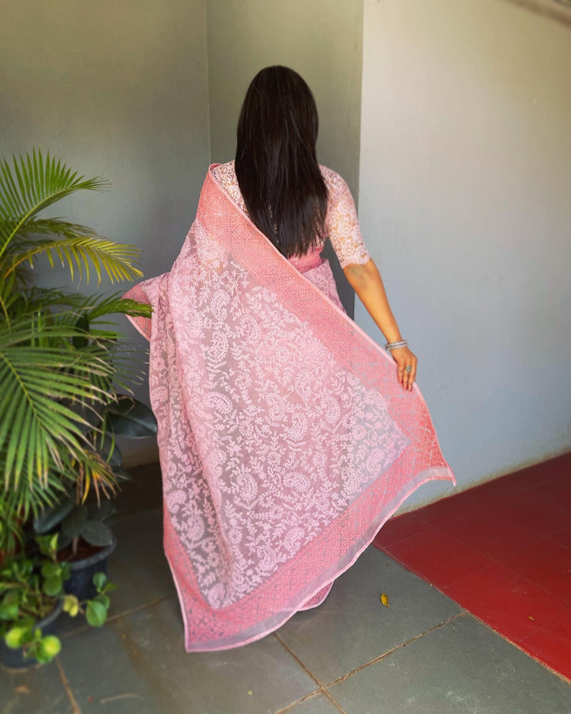 EE-V18695 Pink Organza Saree