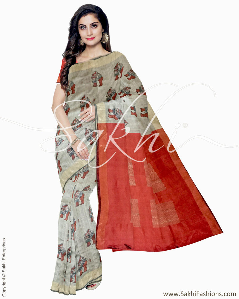 IMR-1757 - Beige & Red Pure Tussar Silk Saree