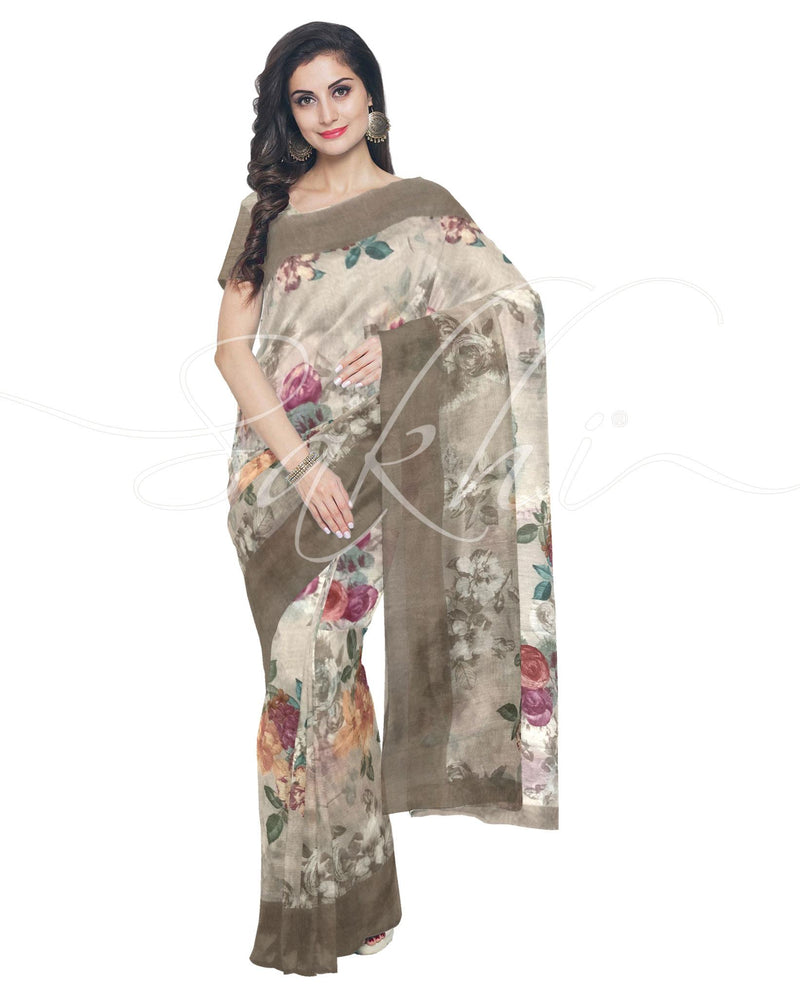 IMS-13235 - Beige &  Faux Linen Saree