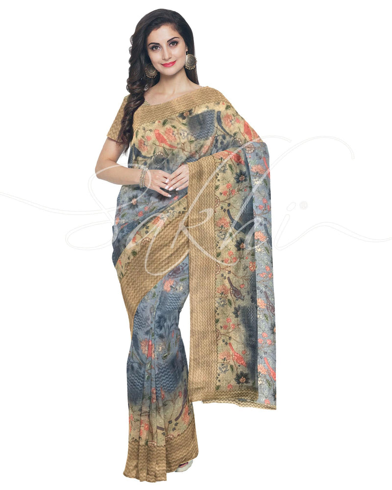 IMS-13241 - Blue &  Faux Linen Saree
