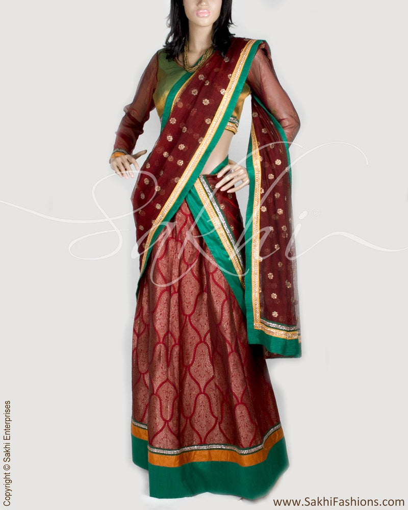 LHO-14199 - Maroon & Green Pure Banarasi Silk Lehenga
