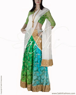 LHO-25649 - Green & White Lace Lehenga