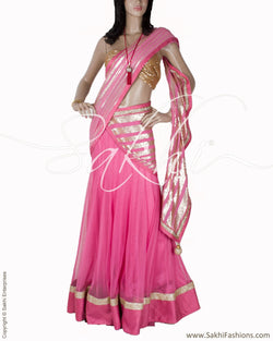 LHO-27697 - Pink & Silver Pure Silk Lehenga Saree