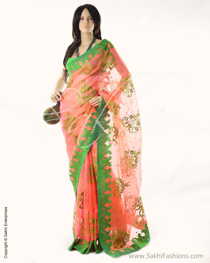Peach & Green Organza Saree