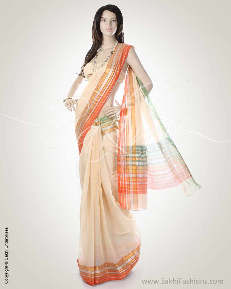 Cream & Orange Cotton Saree