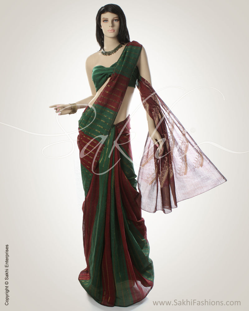 Green & Maroon Cotton Saree