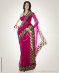 MS-0120 - Pink & Green Georgette Cut-Work saree