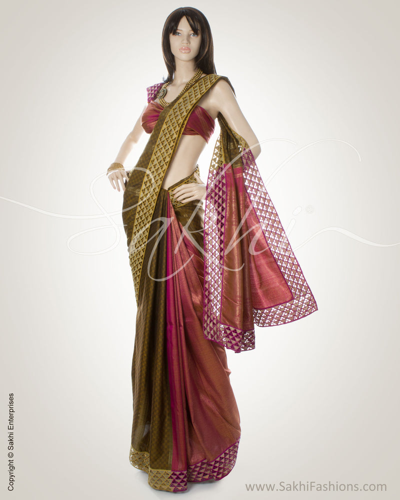 MS-0122 - Kanchi Pink & Green cut-work saree