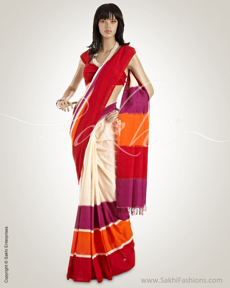 MSM-7181 White & Multi Pure Cotton Saree