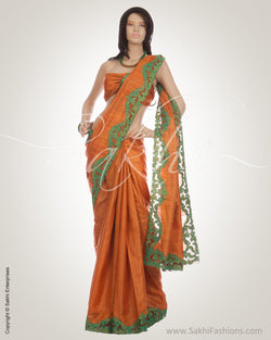 MSN-10480 - Orange & Green Pure Tussar Saree