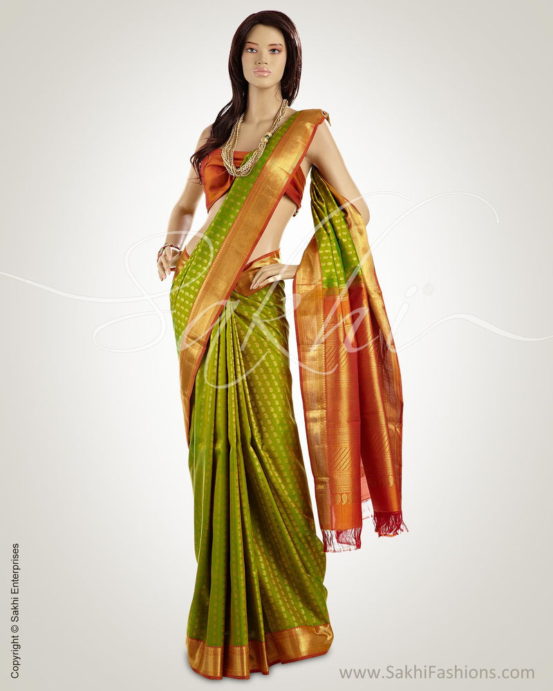 MSN-10528 - Green & Orange Pure Kanchivaram Silk Saree
