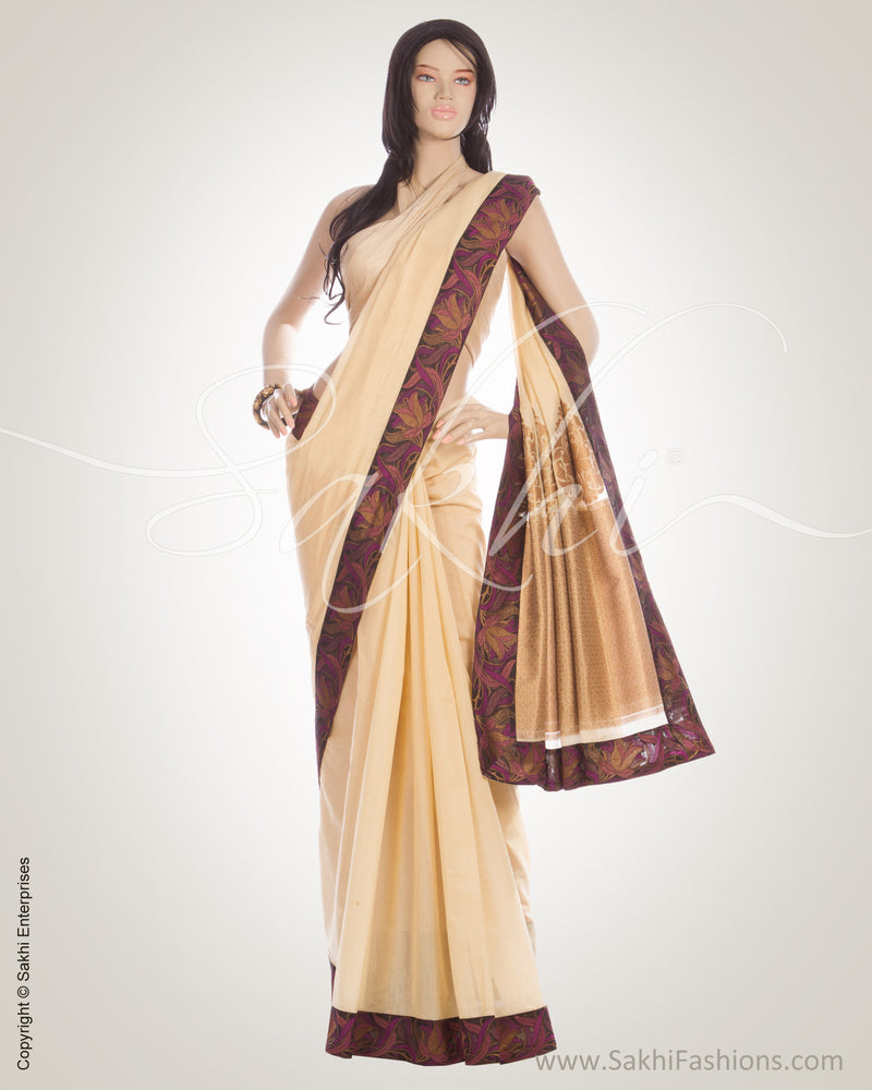 BGN-3404 - Cream & Violet Cotton & Silk Saree