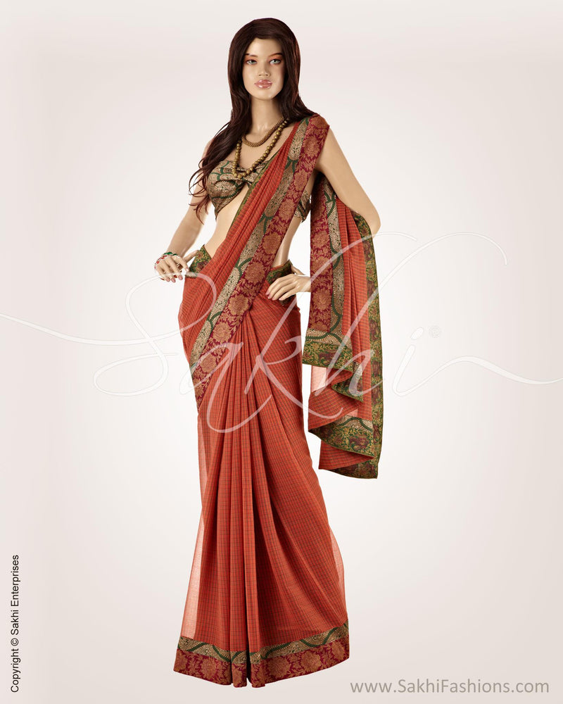 MSO-10315 - Orange & Green Pure Chiffon Silk Saree