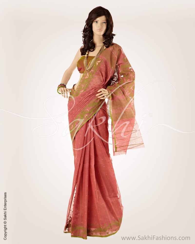 MSO-18885 - Pink & Green Dhakai Cotton Saree