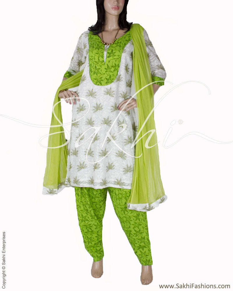 RTO-2528 - Green & White Pure Cotton Chudidhar