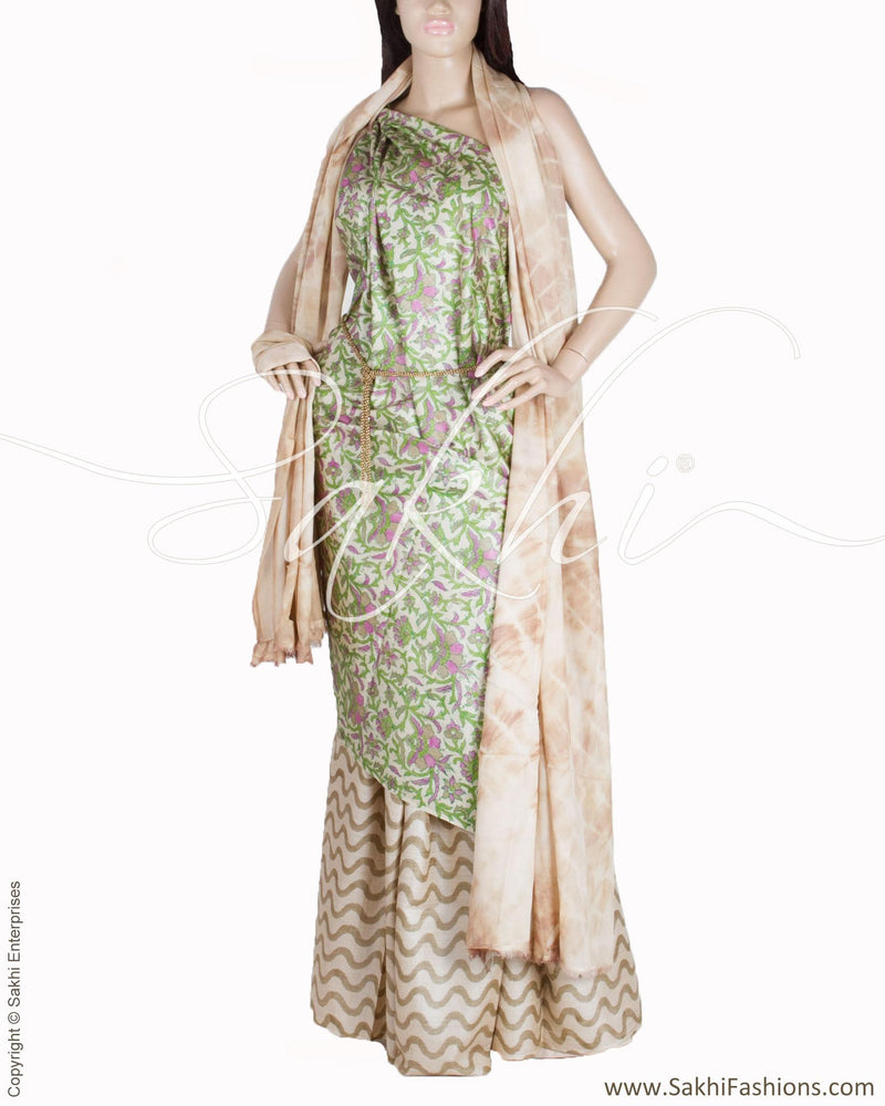 RTP-9723 - Beige & Multi Pure Tussar Silk Chudidhar
