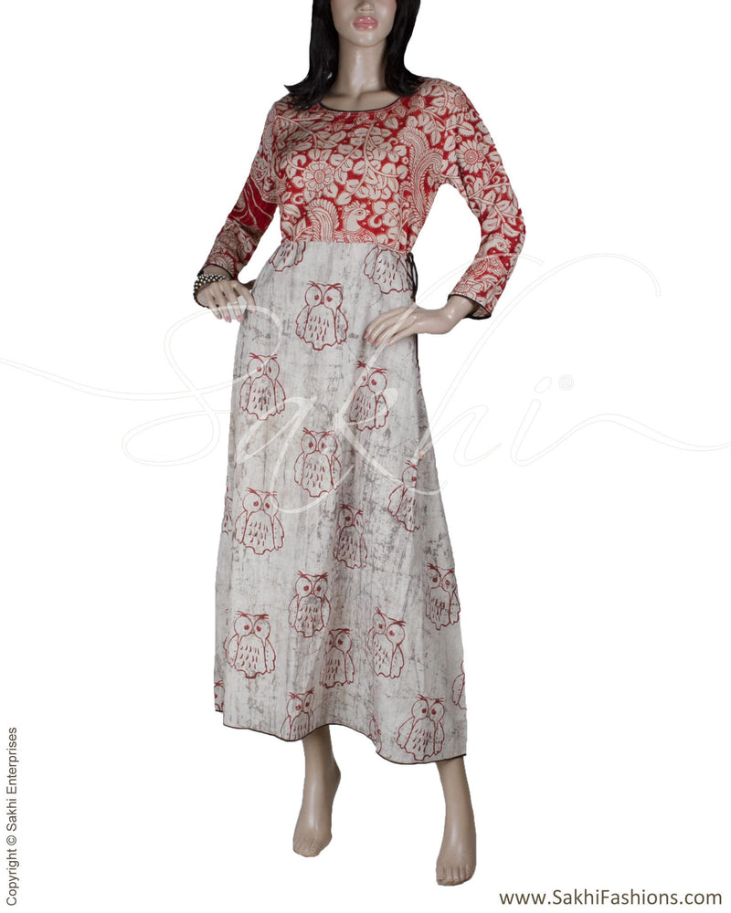 RTQ-12364 - Maroon & Beige Cotton & Silk Dress