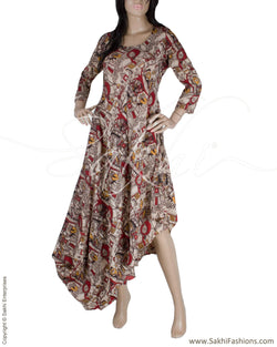 RTQ-12586 - Beige & Maroon Cotton & Silk Dress