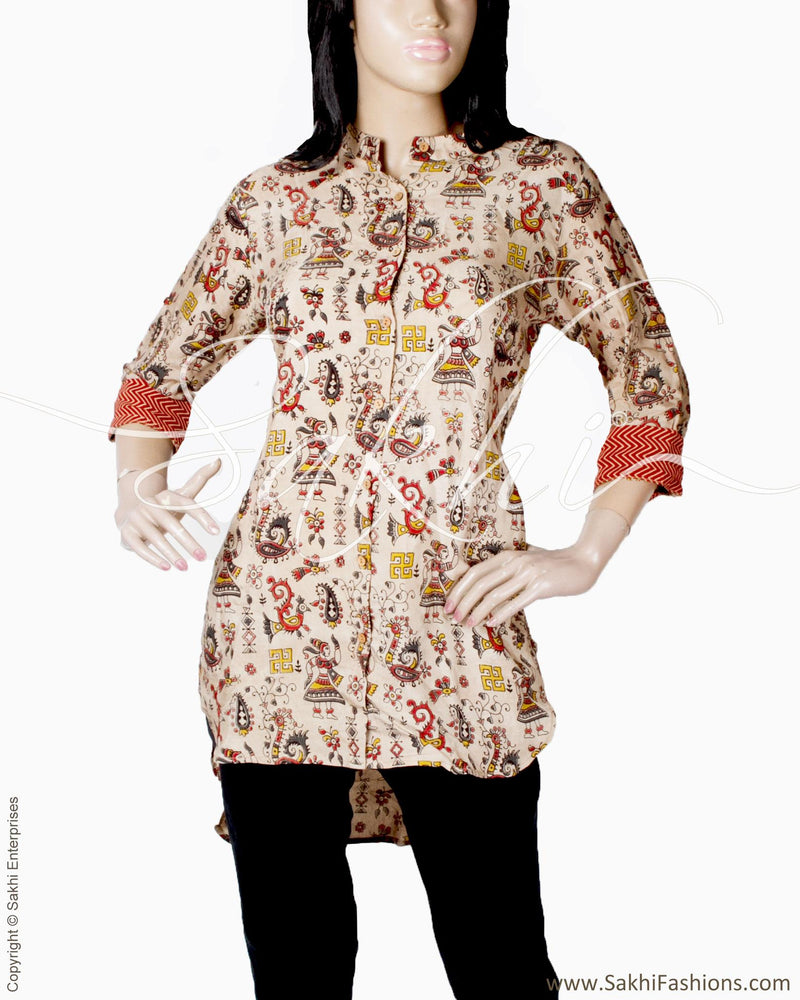RTQ-22102 - Beige & Red Silk & Cotton Dress