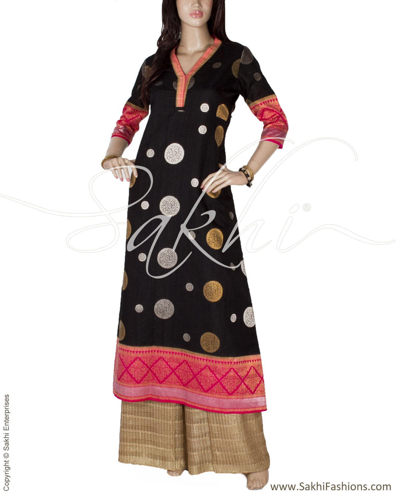 RTQ-3085 - Black & Pink Synthetic Banarasi Silk Kurtha