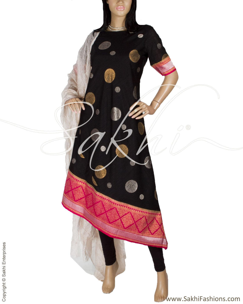 RTQ-3086 - Black & Pink Synthetic Banarasi Silk Kurtha