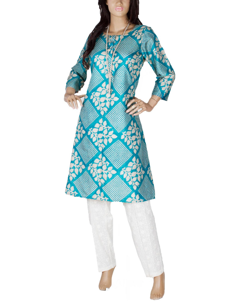 RTQ-896 - Blue & White Pure Tussar Silk Top