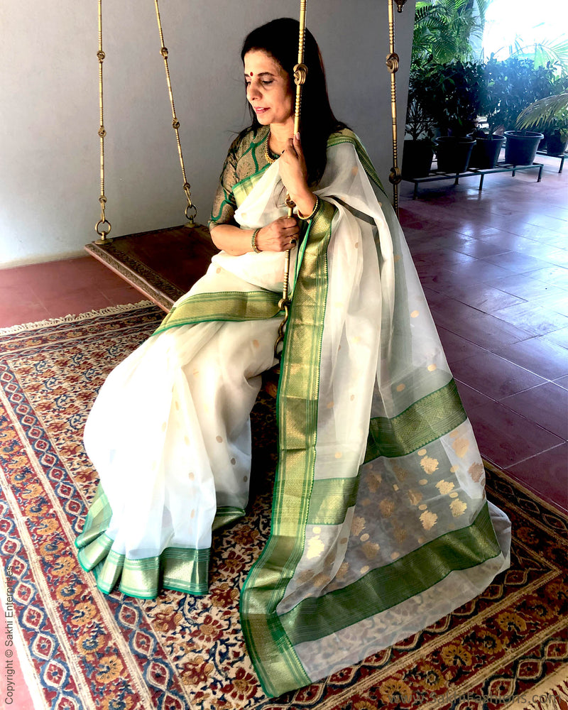 EE-S21056 - White & Green pure Organza Silk Saree