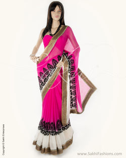 SN-CE0 Pink & Black Faux Georgette Saree