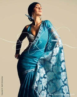 SR-0016 Blue & silver Organza silk saree