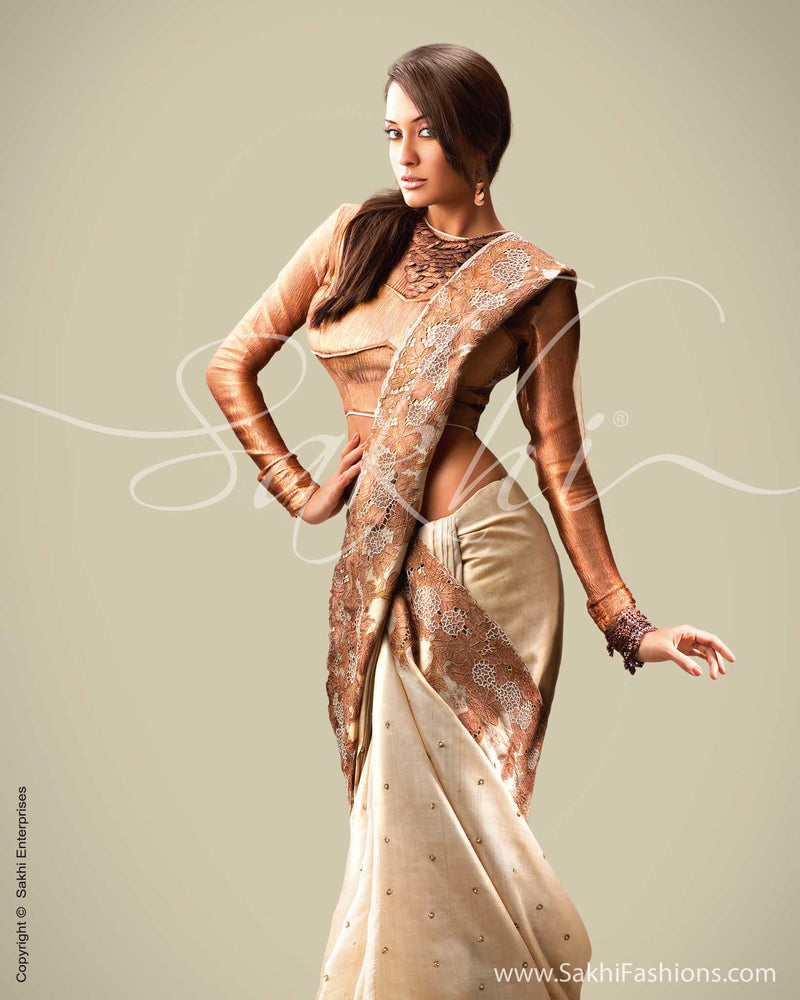 SR-0019 Biege & Antique Tussar Silk Saree