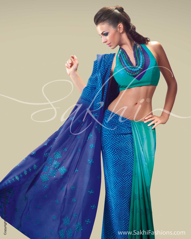 SR-0029 Blue & Green Crepe Saree